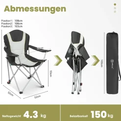 HOMECALL Campingstuhl Anglerstuhl Klappbar, Getränkehalter, Gepolstert, 3 fach Verstellbare Rückenlehne, bis 150KG