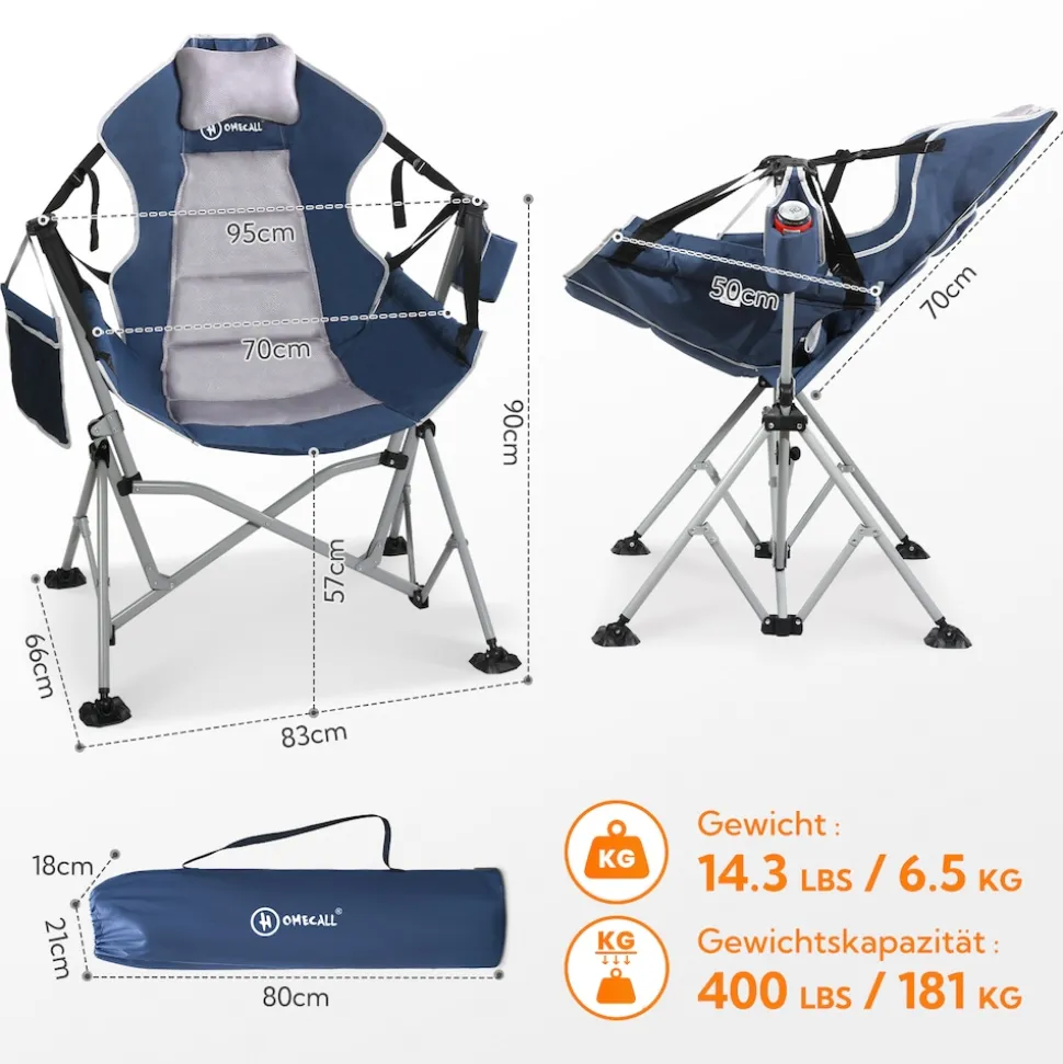 HOMECALL Campingstuhl Stühleschaukelstuhl Faltbare Hängestuhl (Biz 180 KG, mit verstellbarer Rückenlehne, Lordosenstütze und Kopfstütze), Dunkelblau