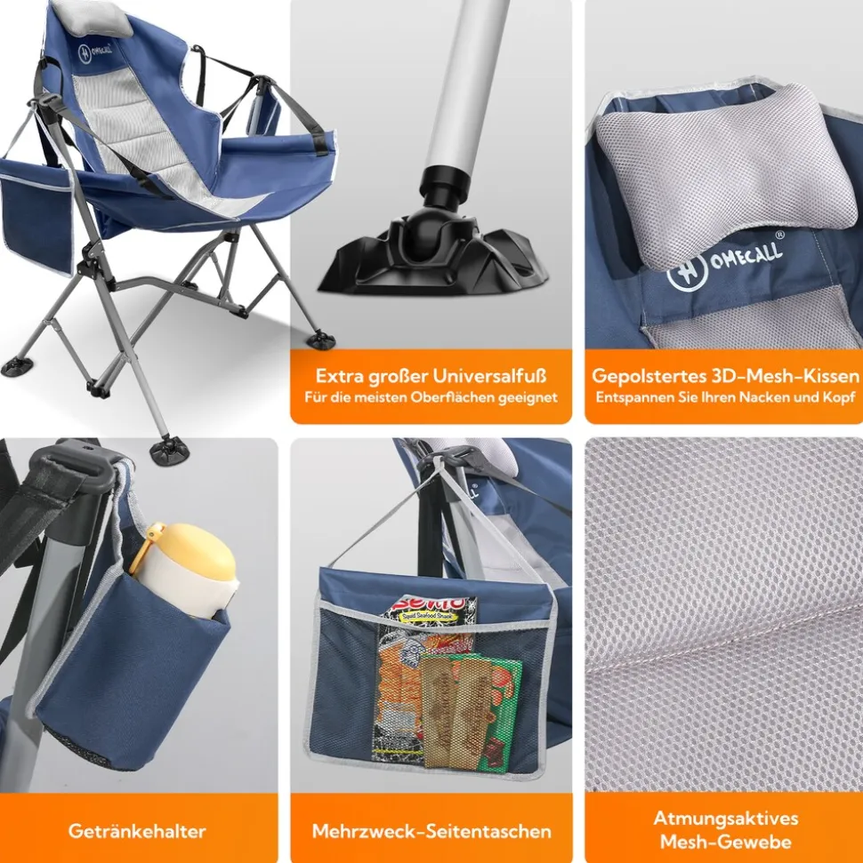 HOMECALL Campingstuhl Stühleschaukelstuhl Faltbare Hängestuhl (Biz 180 KG, mit verstellbarer Rückenlehne, Lordosenstütze und Kopfstütze), Dunkelblau