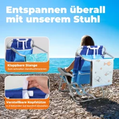 HOMECALL Klappstuhl Strandstuhl Leicht 5-fach verstellbare Rückenlehne, bis 136KG, Aluminiumrahmen, eine große isolierte Kühltasche, Aufbewahrungstasche, 1 St- Blaue Welle
