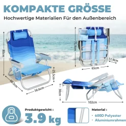 HOMECALL Klappstuhl Strandstuhl Leicht 5-fach verstellbare Rückenlehne, bis 136KG, Aluminiumrahmen, eine große isolierte Kühltasche, Aufbewahrungstasche, 1 St- Blaue Welle