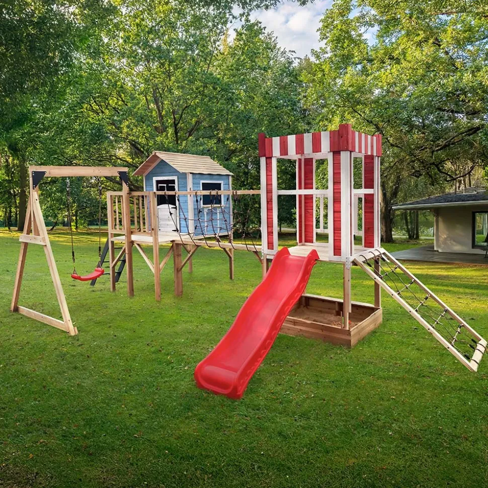 HOME DELUXE Spielpark inkl. Schaukel und Rutsche WUNDERLAND Rot - 555 x 340 cm