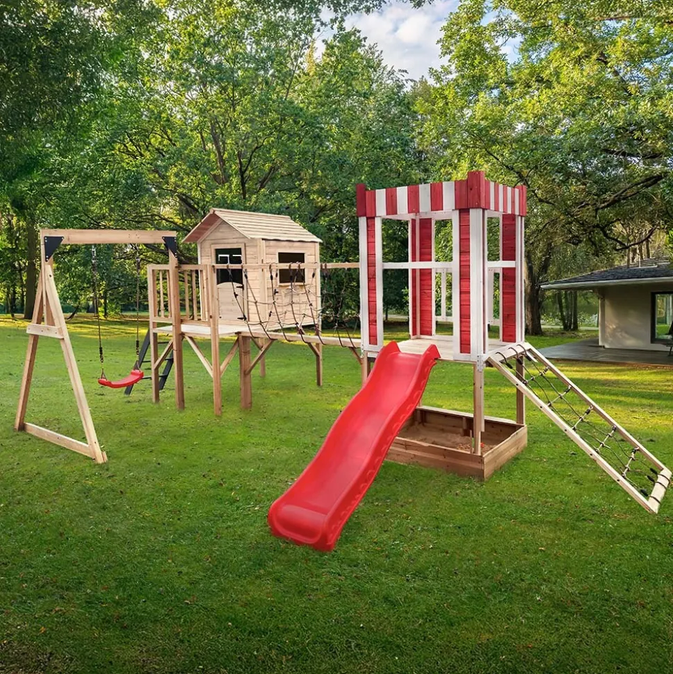 HOME DELUXE Spielpark inkl. Schaukel und Rutsche WUNDERLAND Rot - 555 x 340 cm