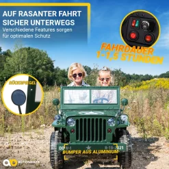 Jeep Willys Kinder-Elektroauto, 3 Sitze und 3 Gurte, Schaufel, Ersatzrad, Federung, Allrad 4x4, LEDs