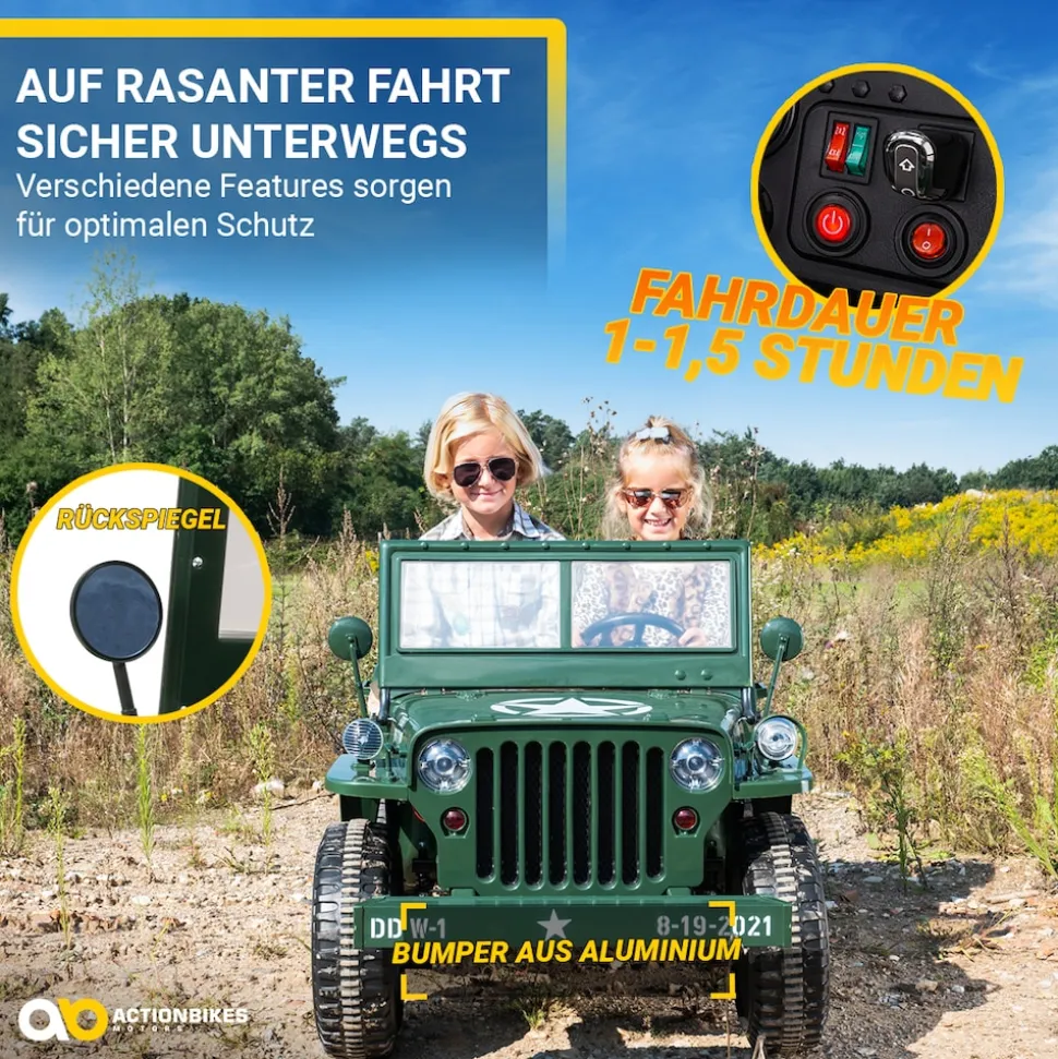 Jeep Willys Kinder-Elektroauto, 3 Sitze und 3 Gurte, Schaufel, Ersatzrad, Federung, Allrad 4x4, LEDs