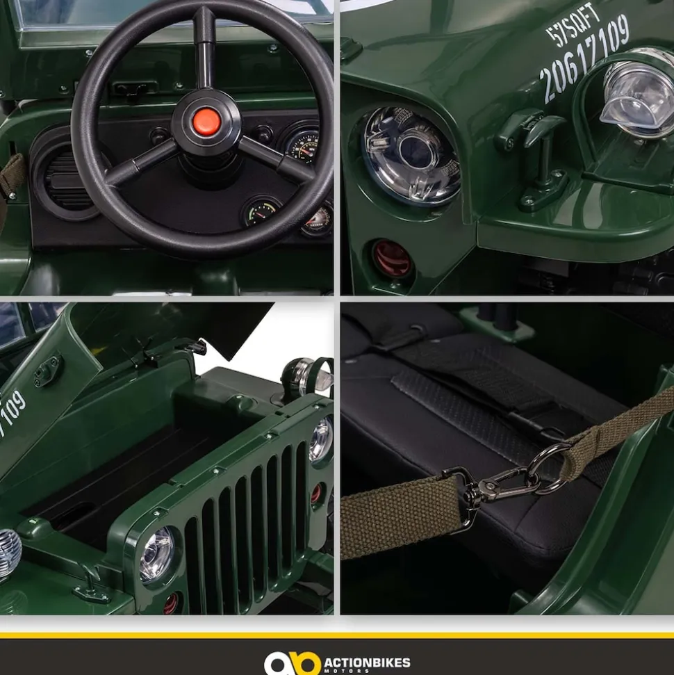 Jeep Willys Kinder-Elektroauto, 3 Sitze und 3 Gurte, Schaufel, Ersatzrad, Federung, Allrad 4x4, LEDs