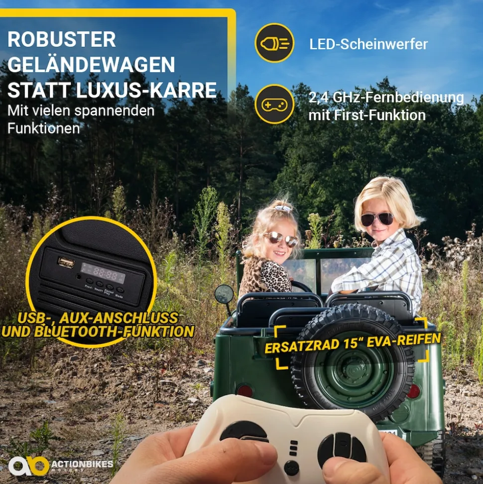 Jeep Willys Kinder-Elektroauto, 3 Sitze und 3 Gurte, Schaufel, Ersatzrad, Federung, Allrad 4x4, LEDs
