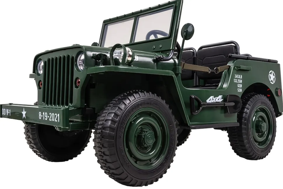 Jeep Willys Kinder-Elektroauto, 3 Sitze und 3 Gurte, Schaufel, Ersatzrad, Federung, Allrad 4x4, LEDs