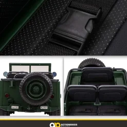 Jeep Willys Kinder-Elektroauto, 3 Sitze und 3 Gurte, Schaufel, Ersatzrad, Federung, Allrad 4x4, LEDs