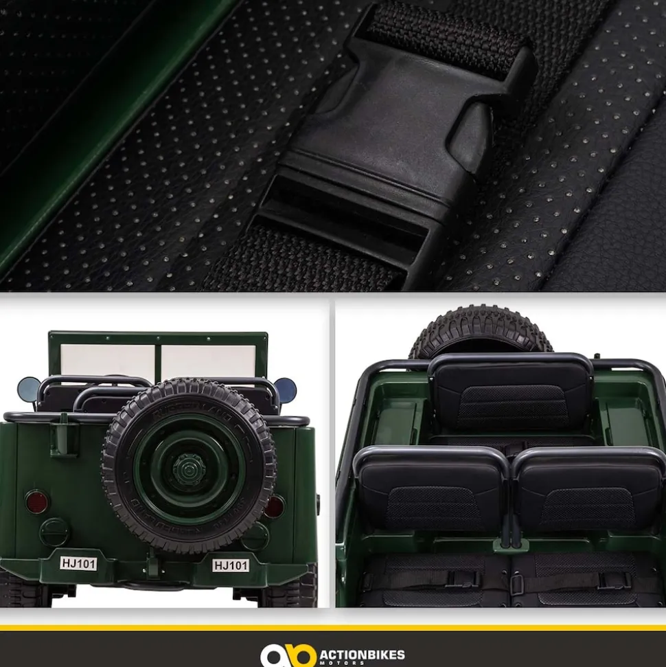 Jeep Willys Kinder-Elektroauto, 3 Sitze und 3 Gurte, Schaufel, Ersatzrad, Federung, Allrad 4x4, LEDs