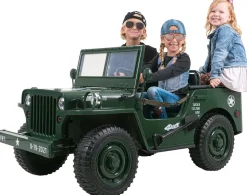 Jeep Willys Kinder-Elektroauto, 3 Sitze und 3 Gurte, Schaufel, Ersatzrad, Federung, Allrad 4x4, LEDs