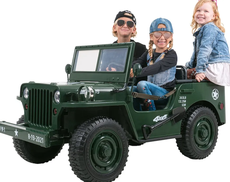 Jeep Willys Kinder-Elektroauto, 3 Sitze und 3 Gurte, Schaufel, Ersatzrad, Federung, Allrad 4x4, LEDs