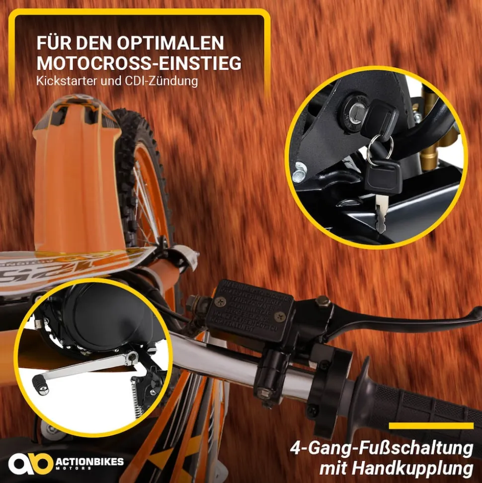 Jugend-Crossbike JC125, Benzin-Jugendmotorrad, 125 ccm, 17/14-Reifen, 4-Takt-Motor, 80 km/h, ab 14 J. (Orange)