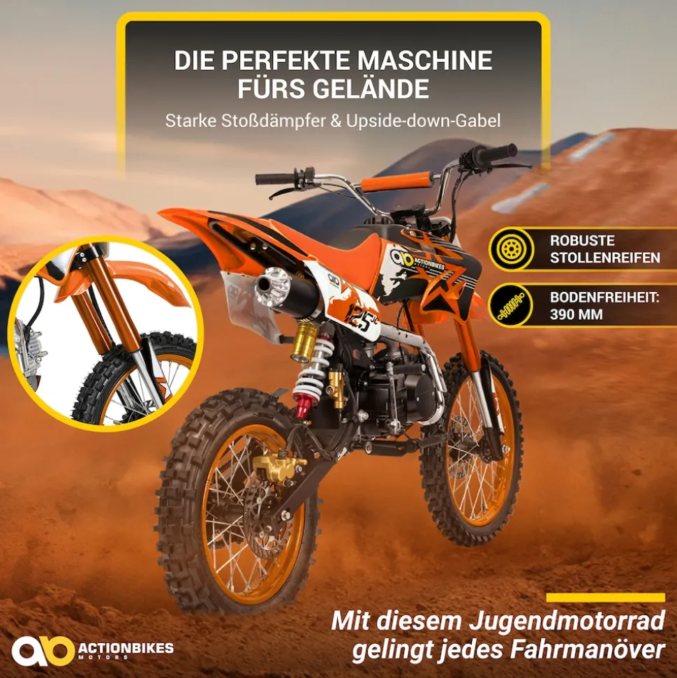 Jugend-Crossbike JC125, Benzin-Jugendmotorrad, 125 ccm, 17/14-Reifen, 4-Takt-Motor, 80 km/h, ab 14 J. (Orange)