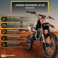 Jugend-Crossbike JC125, Benzin-Jugendmotorrad, 125 ccm, 17/14-Reifen, 4-Takt-Motor, 80 km/h, ab 14 J. (Orange)