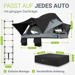 Juskys Autodachzelt Lago 120 x 210 cm - LED-Beleuchtung & Leiter - Schwarz / Grau