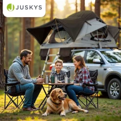 Juskys Autodachzelt Lago 120 x 210 cm - LED-Beleuchtung & Leiter - Schwarz / Grau
