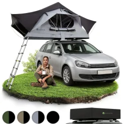 Juskys Autodachzelt Lago 120 x 210 cm - LED-Beleuchtung & Leiter - Schwarz / Grau