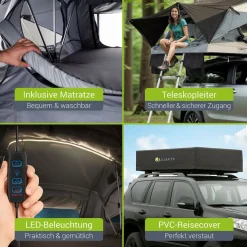 Juskys Autodachzelt Lago 120 x 210 cm - LED-Beleuchtung & Leiter - Schwarz / Grau