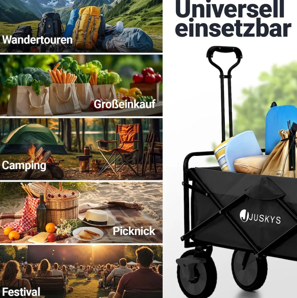 Juskys Bollerwagen 100 kg Tragkraft - Transportwagen faltbar - Einkaufen & Camping - Schwarz