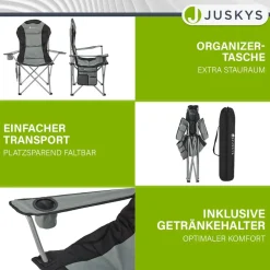 Juskys Campingstuhl Lido mit Getränkehalter & Tasche - Camping Klappstuhl gepolstert - Stuhl Grau