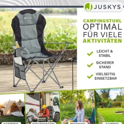 Juskys Campingstuhl Lido mit Getränkehalter & Tasche - Camping Klappstuhl gepolstert - Stuhl Grau