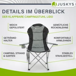 Juskys Campingstuhl Lido mit Getränkehalter & Tasche - Camping Klappstuhl gepolstert - Stuhl Grau