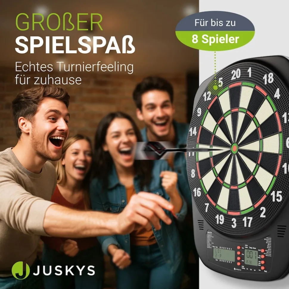 Juskys Elektronische Dartscheibe mit 32 Spielen für bis zu 8 Spieler, LCD-Display & 18 Darts