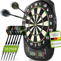 Juskys Elektronische Dartscheibe mit 32 Spielen für bis zu 8 Spieler, LCD-Display & 18 Darts