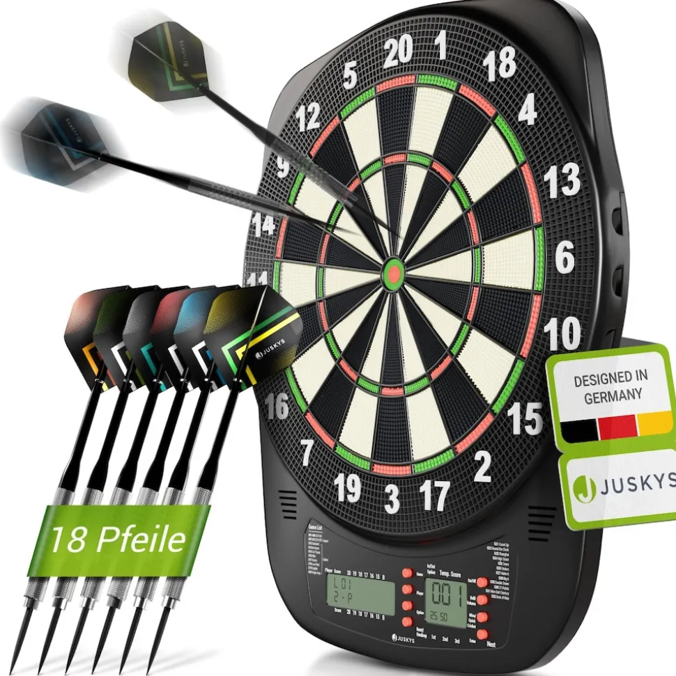Juskys Elektronische Dartscheibe mit 32 Spielen für bis zu 8 Spieler, LCD-Display & 18 Darts