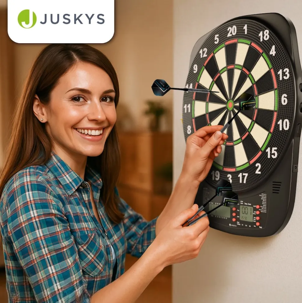 Juskys Elektronische Dartscheibe mit 32 Spielen für bis zu 8 Spieler, LCD-Display & 18 Darts