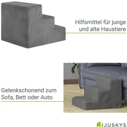 Juskys Haustiertreppe Timmy 36 cm, 3 Stufen Plüsch Grau waschbar– Hundetreppe für Bett, Sofa, Auto