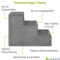 Juskys Haustiertreppe Timmy 36 cm, 3 Stufen Plüsch Grau waschbar– Hundetreppe für Bett, Sofa, Auto