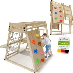 Juskys Mini Klettergerüst für Kinder - Indoor Spielplatz mit Rutsche, Kletterwand & Turnringe Natur