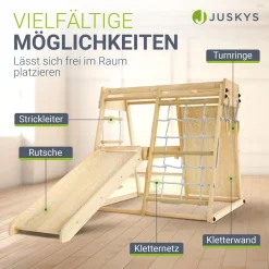 Juskys Mini Klettergerüst für Kinder - Indoor Spielplatz mit Rutsche, Kletterwand & Turnringe Natur