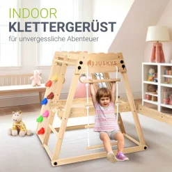 Juskys Mini Klettergerüst für Kinder - Indoor Spielplatz mit Rutsche, Kletterwand & Turnringe Natur