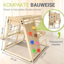 Juskys Mini Klettergerüst für Kinder - Indoor Spielplatz mit Rutsche, Kletterwand & Turnringe Natur