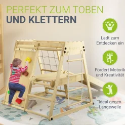 Juskys Mini Klettergerüst für Kinder - Indoor Spielplatz mit Rutsche, Kletterwand & Turnringe Natur