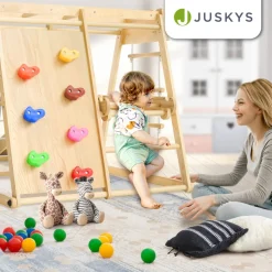 Juskys Mini Klettergerüst für Kinder - Indoor Spielplatz mit Rutsche, Kletterwand & Turnringe Natur