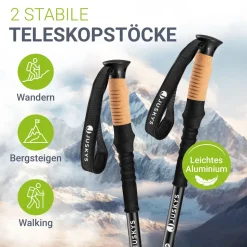 Juskys Nordic Walking Stöcke - Alu Teleskop Wanderstöcke, leicht, ausziehbar, Tasche - Schwarz