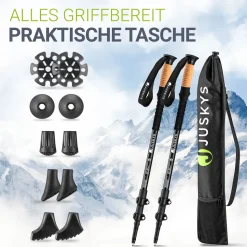 Juskys Nordic Walking Stöcke - Alu Teleskop Wanderstöcke, leicht, ausziehbar, Tasche - Schwarz