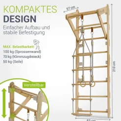 Juskys Sprossenwand für Kinder - Indoor Klettergerüst mit Turnringen, Klimmzugstange, Strickleiter