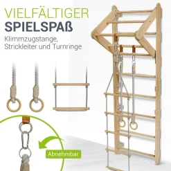 Juskys Sprossenwand für Kinder - Indoor Klettergerüst mit Turnringen, Klimmzugstange, Strickleiter