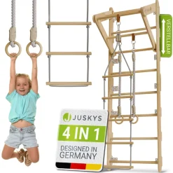 Juskys Sprossenwand für Kinder - Indoor Klettergerüst mit Turnringen, Klimmzugstange, Strickleiter