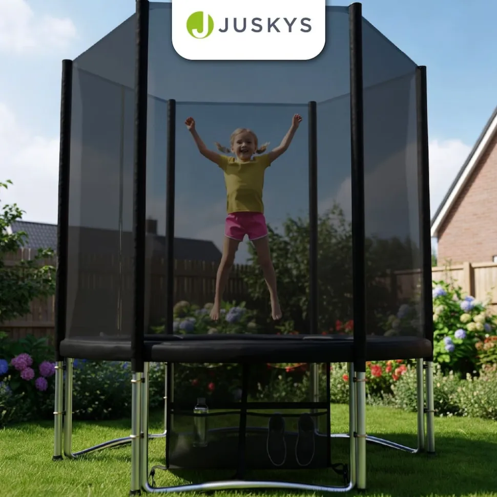 Juskys Trampolin JumpMaster S Ø 183 cm – Gartentrampolin mit Netz, Leiter & Bodenankern
