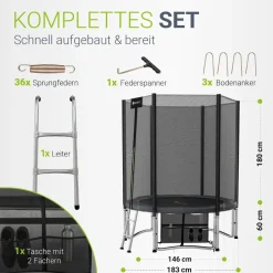 Juskys Trampolin JumpMaster S Ø 183 cm – Gartentrampolin mit Netz, Leiter & Bodenankern