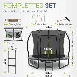Juskys Trampolin SkyBounce S Ø 228 cm – Gartentrampolin mit PowerSpring Sprungfedern & Leiter