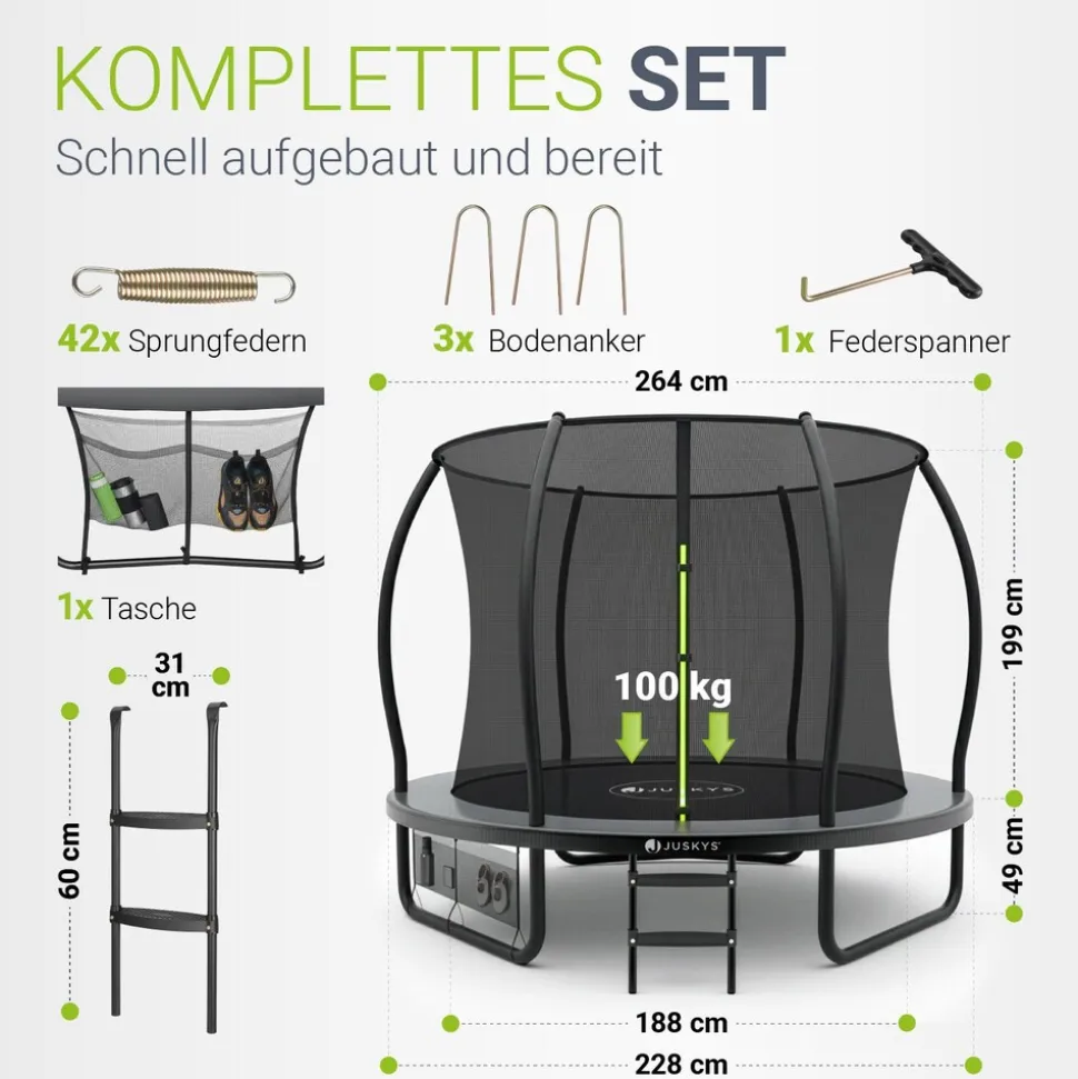 Juskys Trampolin SkyBounce S Ø 228 cm – Gartentrampolin mit PowerSpring Sprungfedern & Leiter