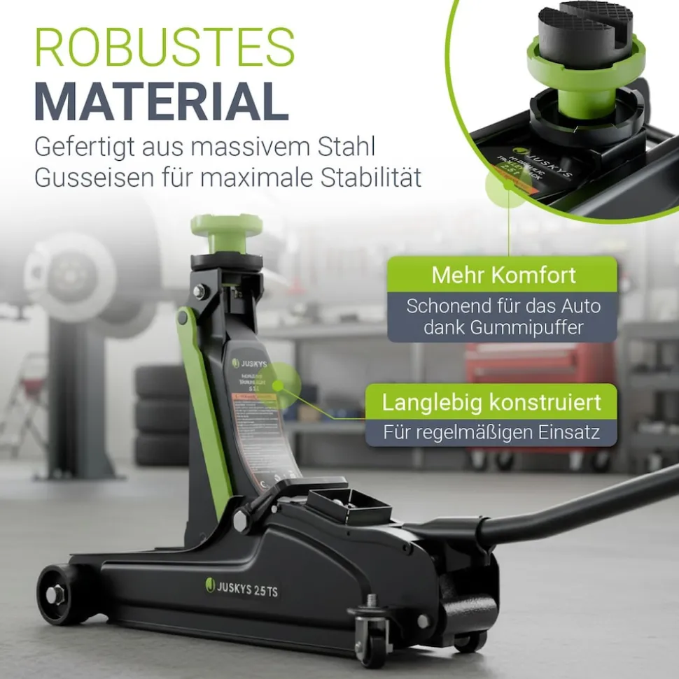 Juskys Wagenheber 2,5 t – Schwarz/Grün, hydraulisch, stabil mit Transportbox, Rangierwagenheber