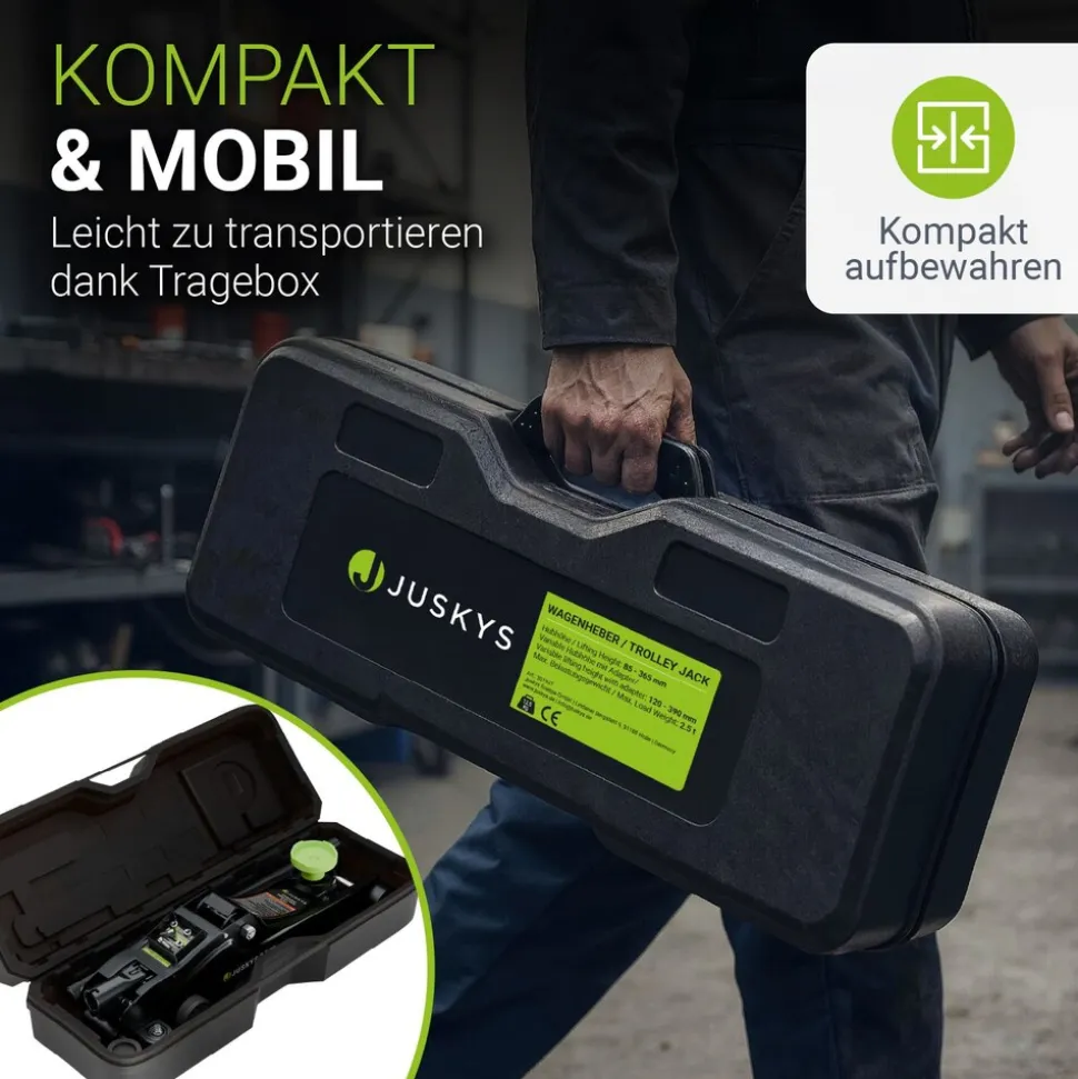 Juskys Wagenheber 2,5 t – Schwarz/Grün, hydraulisch, stabil mit Transportbox, Rangierwagenheber